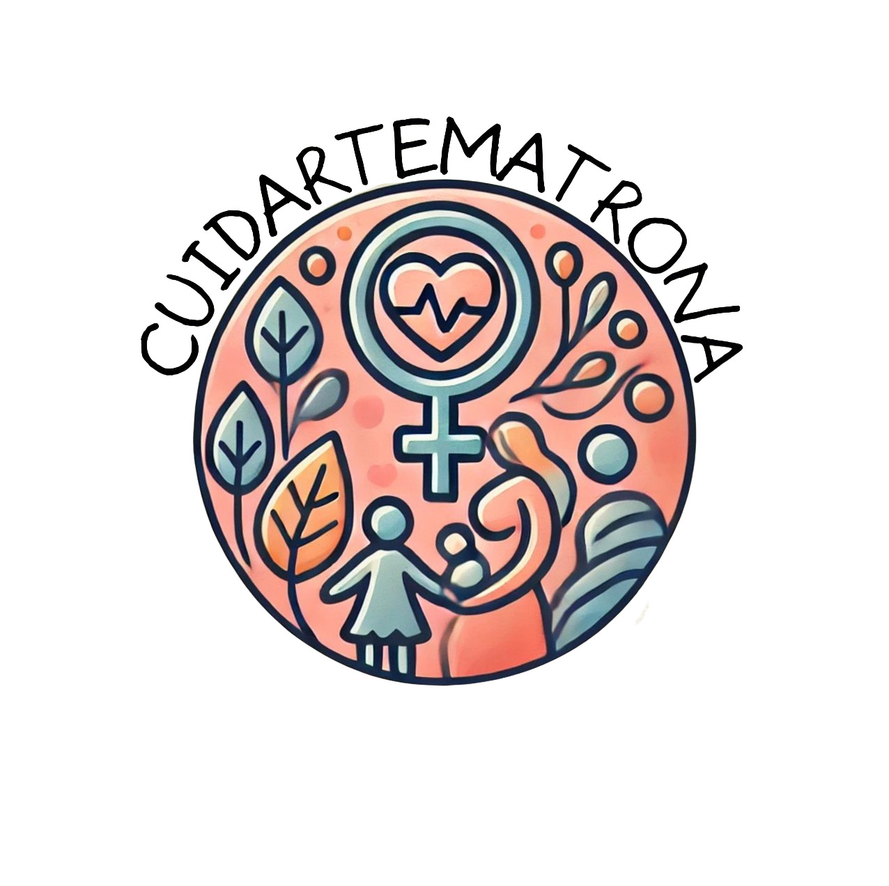 Logo circular de 'CuidArteMatrona' con un diseño inclusivo y cálido, que incluye elementos como corazones, siluetas de familia y hojas en tonos pastel, destacando salud sexual, fertilidad y cuidado.